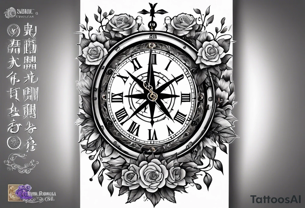 combination of a floating nautical compass and a old school clock face, and a doctor bird and tree of life and decorated with lignum vitae flowers, 3/4 sleeve on arm, flowing down the arm tattoo idea