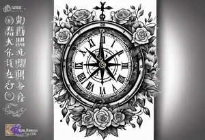 combination of a floating nautical compass and a old school clock face, and a doctor bird and tree of life and decorated with lignum vitae flowers, 3/4 sleeve on arm, flowing down the arm tattoo idea