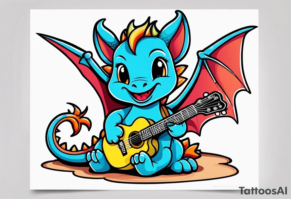 cute baby dragon with guitar tattoo idea