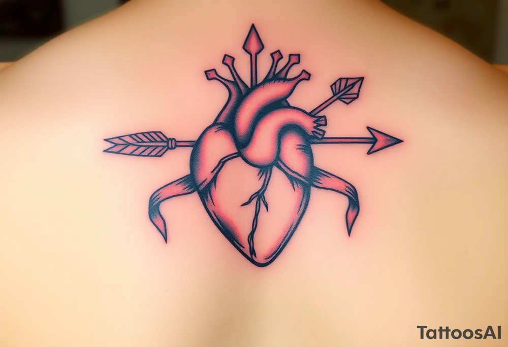 anatomical heart pierced by ornate arrow with flowing ribbons tattoo idea