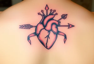 anatomical heart pierced by ornate arrow with flowing ribbons tattoo idea