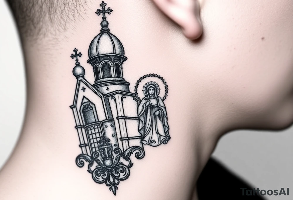 medium traditional russian orthodox church with russian coat arms and virgin mary on the side of your neck tattoo idea
