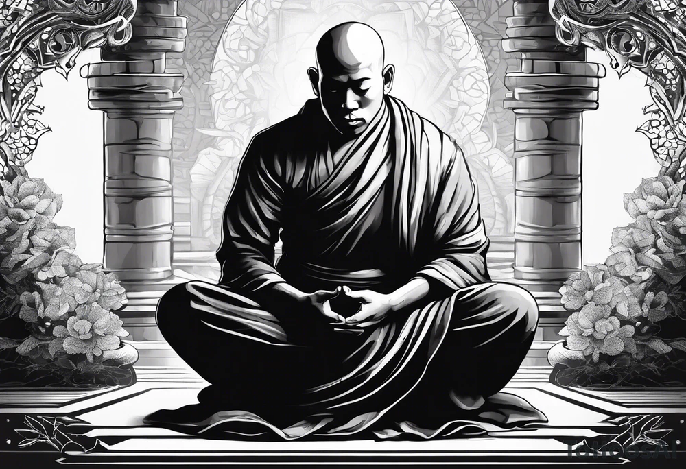 A monk sitting crossed legged on the ground, eyes closed a master meditator enlightened being tattoo idea