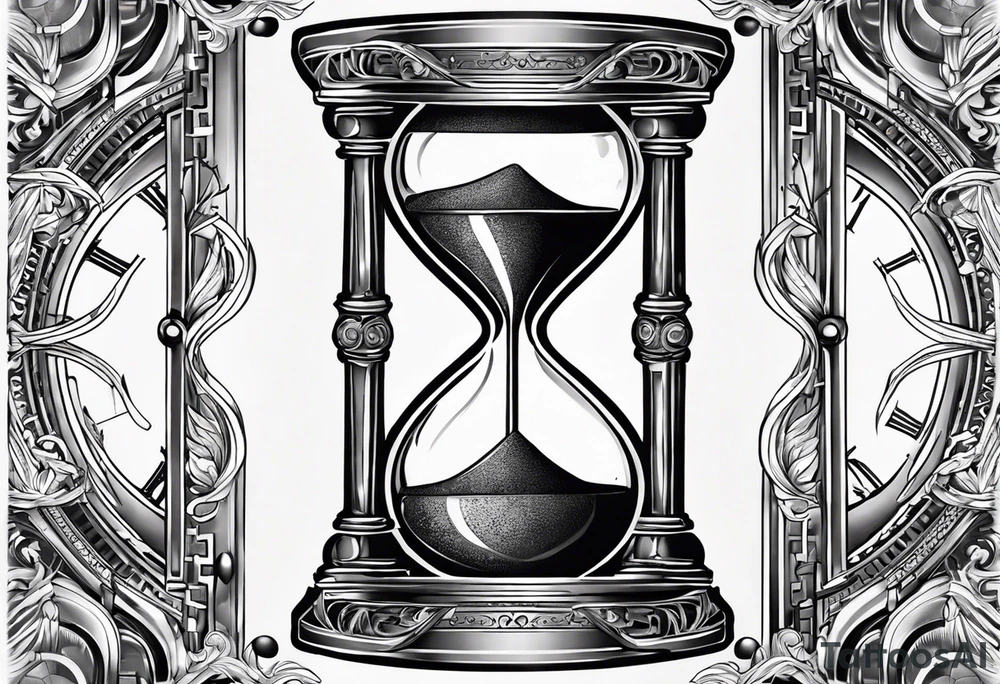 draw a clock/hourglass. They are surrounded by Roman numerals. It is a black and white tattoo for the right shoulder of a man tattoo idea