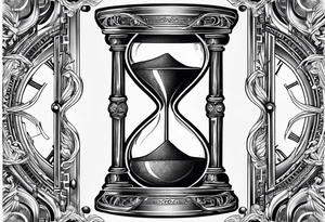 draw a clock/hourglass. They are surrounded by Roman numerals. It is a black and white tattoo for the right shoulder of a man tattoo idea