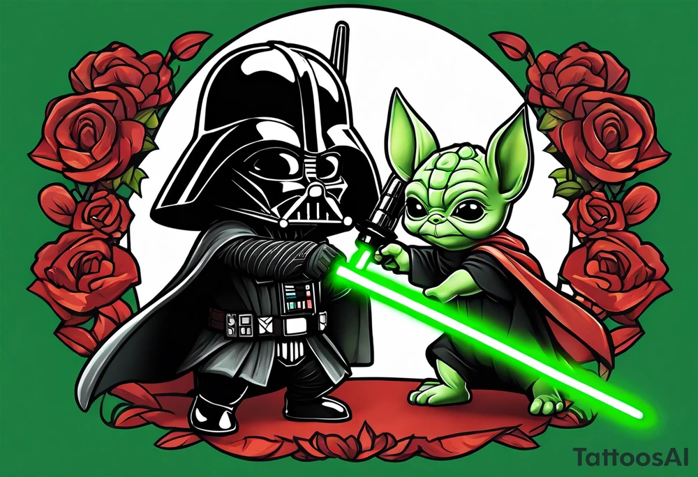 Baby grogu fighting Darth Vader while wielding a green lightsaber tattoo idea