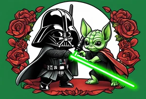 Baby grogu fighting Darth Vader while wielding a green lightsaber tattoo idea