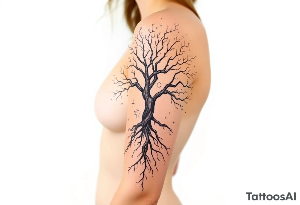 mystical tree of life with cosmic roots and celestial branches tattoo idea