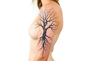 mystical tree of life with cosmic roots and celestial branches tattoo idea