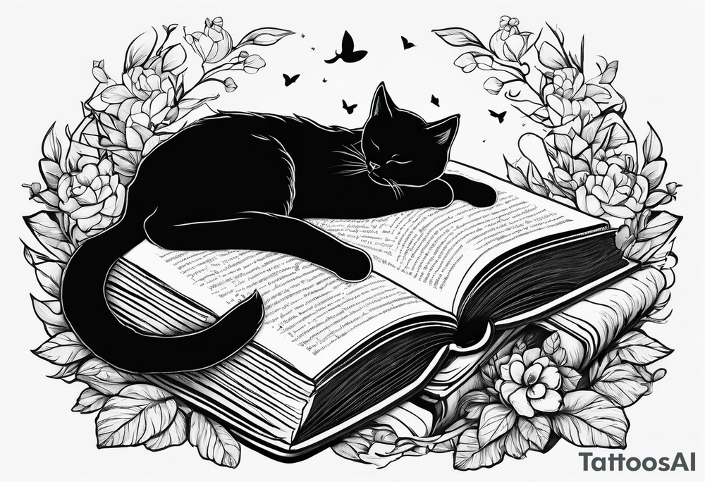 black sillhouette cat sleeping with a book sleeve tattoo tattoo idea