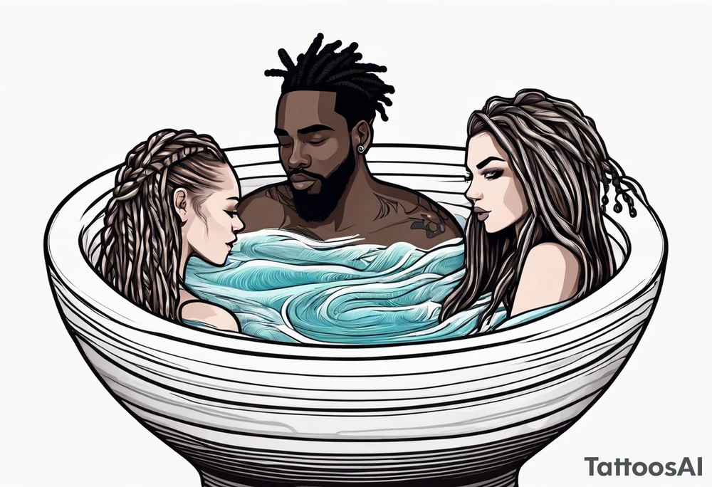 Black guy with dreads inside a foam cup like it’s a jacuzzi with two white girls tattoo idea