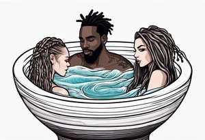 Black guy with dreads inside a foam cup like it’s a jacuzzi with two white girls tattoo idea