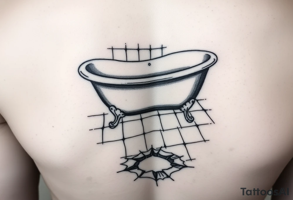 clawfoot bathtub on a tile floor and light coming up out of a crack on the floor tattoo idea