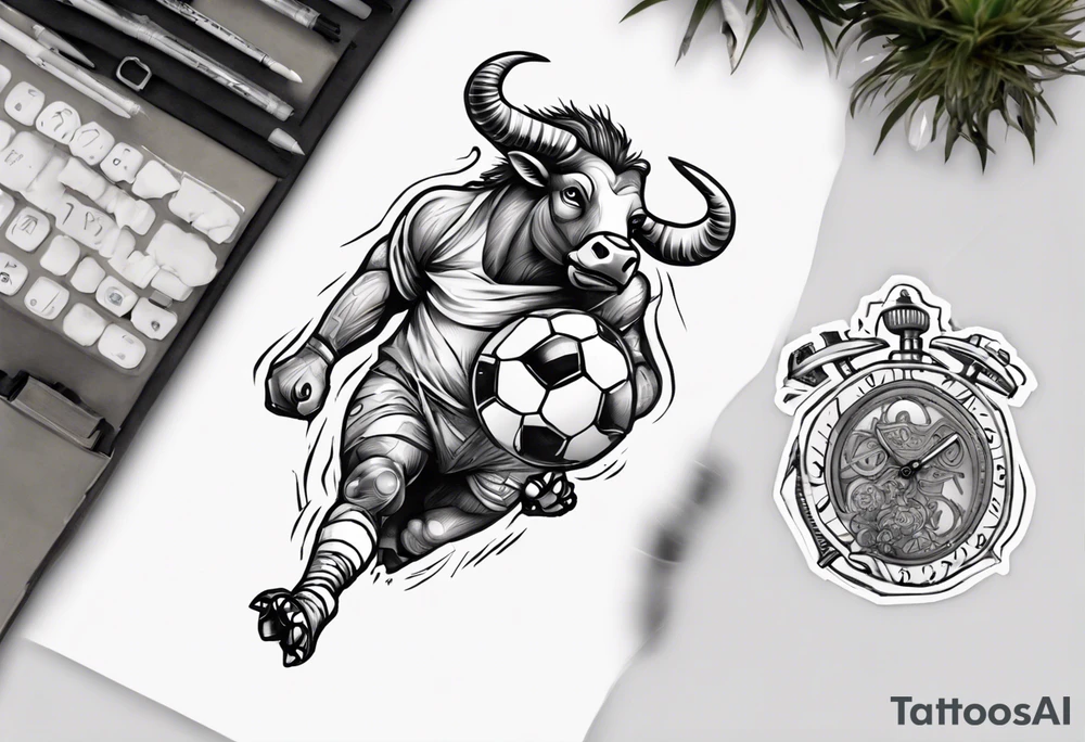 J'aimerai un taureau, et une horloge avec dedans mon chiffre 23, et à côté J'aimerai que tu rajoute une petite touche sur le football, tattoo idea