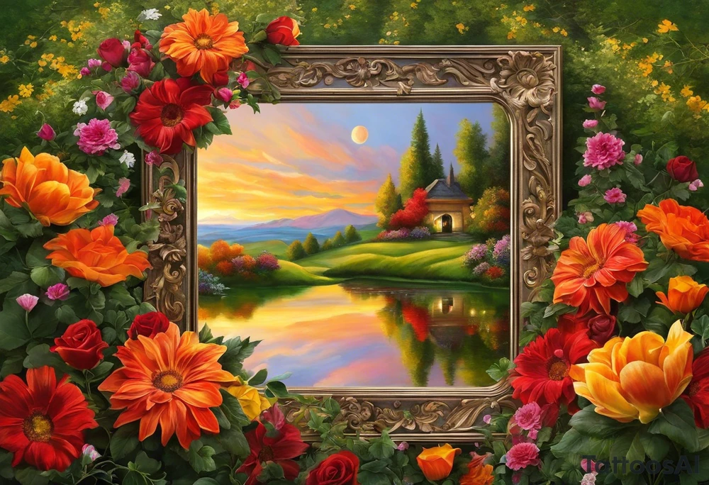 My idea is roughly a square mirror, surrounded by flowers. In the mirror, near the upper right corner, there is an eye (with a passionate, fiery feeling). The flowers are positioned in the upper left corner and the lower right corner. The floral arrangement would have leaves under the flowers, with a rose in the upper left and a daisy in the lower right. I'll add more details around the eye. I want the face to be very blurred, almost invisible, with only the eye being particularly clear, as if the entire face is backlit but the eye remains sharply in focus. Overall, I want to create the feeling that I am looking at this mirror. tattoo idea