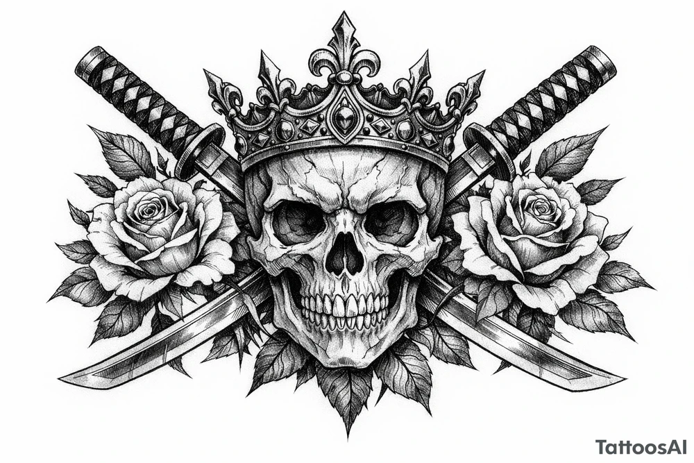 Skull with ornate crown, crossed katanas, and blooming roses, neo-traditional. tattoo idea
