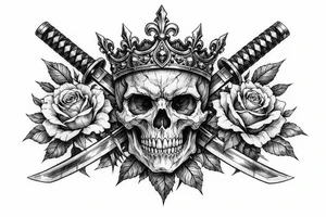Skull with ornate crown, crossed katanas, and blooming roses, neo-traditional. tattoo idea