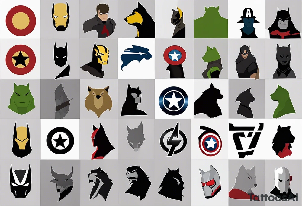 I want to change Avengers Team characters with animals. Hulk will be represented by a Badger.
Thor will be depicted as an Alpha Grey Wolf.
Captain America will be symbolized by a Bull.
Iron Man's character will be embodied by a Canary.
Black Widow's role will be portrayed by an Axolotl.
Hawkeye will be depicted as a Sudan Plated Lizard.
Nick Fury will be represented by a Cat. tattoo idea