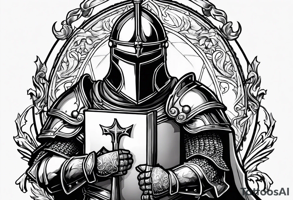 knight holding a bible over his head in combat with both hands tattoo idea