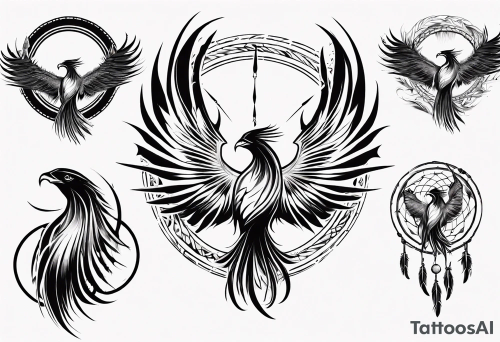 Vertical open mouthed flying Phoenix in circle with long abstract dream catcher feather tail tattoo idea