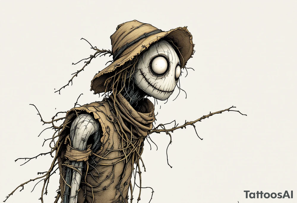 Tim Burton’s eyeless scarecrow sways under a pale gray sky, stitched in burlap brown and bound in crooked wire. tattoo idea