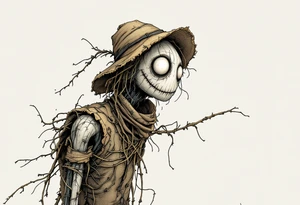 Tim Burton’s eyeless scarecrow sways under a pale gray sky, stitched in burlap brown and bound in crooked wire. tattoo idea