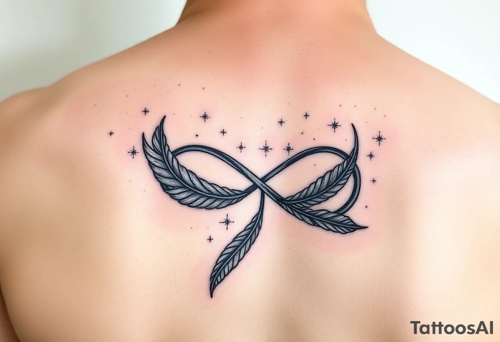 infinity symbol woven with floating feathers and stardust tattoo idea