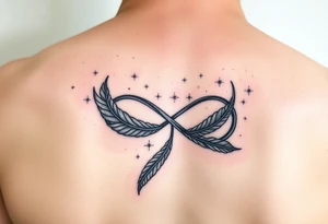 infinity symbol woven with floating feathers and stardust tattoo idea