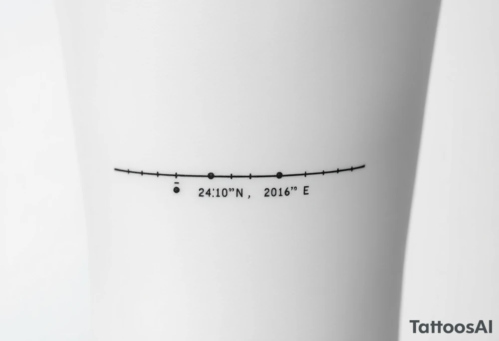 A minimal fine-line tattoo showing a straight, thin horizontal timeline with two small evenly spaced dots. Below the first dot, write the coordinates: "24°10′N, 20°16′E". Below the second dot, write: "53.4084°N, 2.9916°W". Above each coordinate, place a small circle or marker dot to signify key points. Beneath the entire timeline, add a single row of visual Morse code symbols using only dots (●) and dashes (—), arranged like this: — ● — ●   ● —   ● — ●   — — —   ● — ● ●   ● ●   — ● ●   ● —. Do not include any text labels or explanations. The code should appear as an abstract design element. Keep the entire tattoo clean, balanced, and symbolic tattoo idea