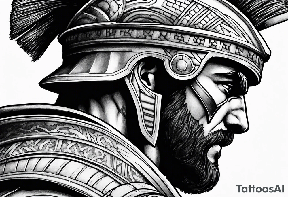 Side profile of spartan soilder with Roman buildings wrap tattoo idea