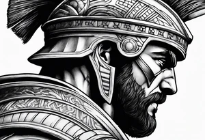 Side profile of spartan soilder with Roman buildings wrap tattoo idea