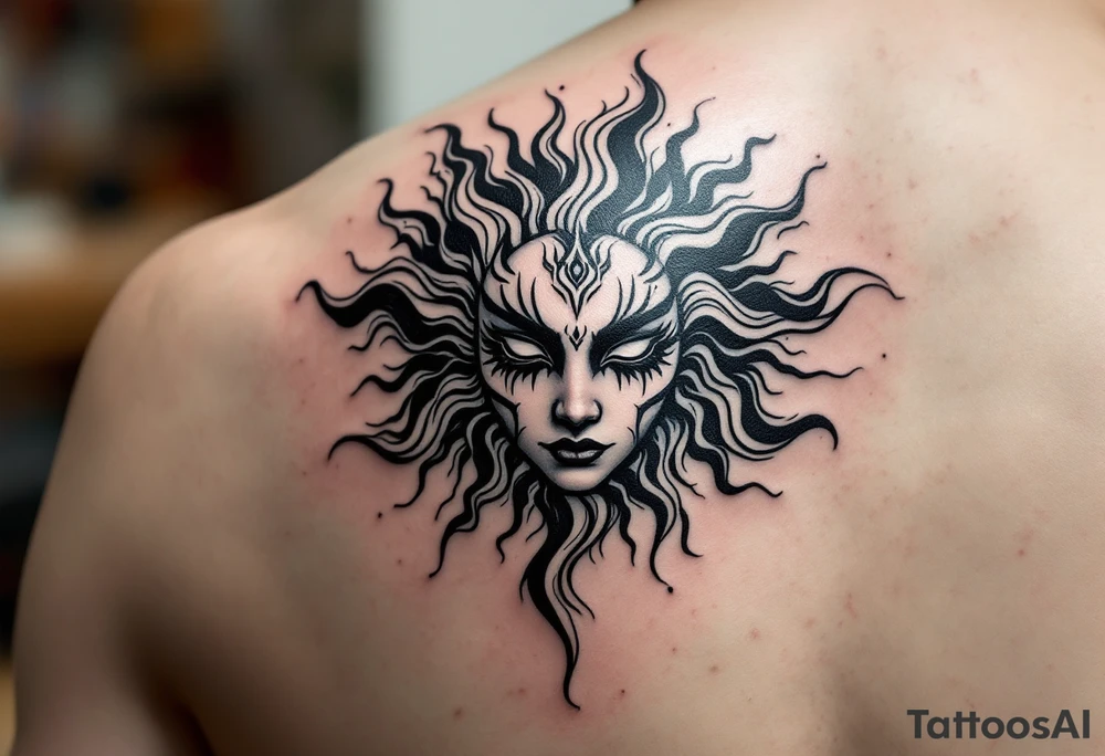 Word "phuong" written with sun inner arm tattoo idea