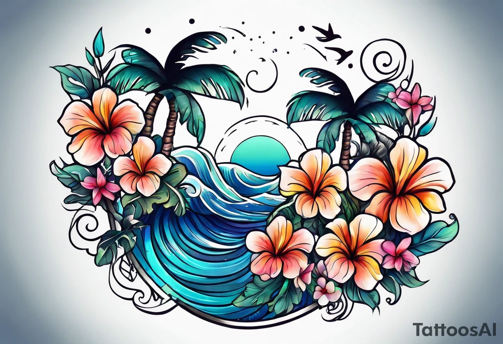 sea,, night, flower, palm, tattoo idea