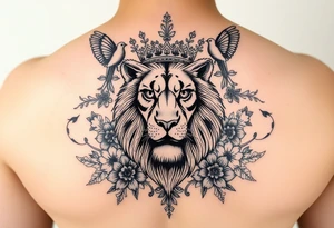 powerful majestic lion with a crown, surrounded by floral ornaments and birds tattoo idea