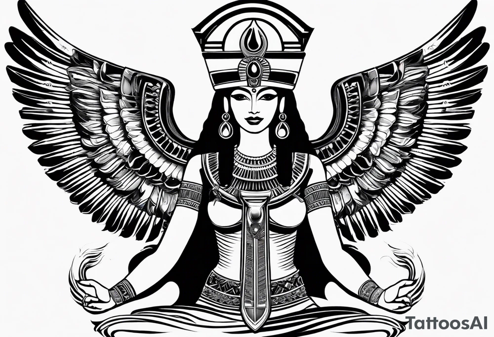 black and white Egyptian goddess Isis, who is often depicted as a woman with outstretched wings, holding an ankh (a symbol of life) in one hand and a lotus flower in the other. Her headdress often includes a throne or a solar disk. The tattoo design can vary in style and size, but it typically aims to capture the essence of this revered Egyptian deity, emphasizing her beauty, power, and maternal qualities. The choice of colors and additional elements can also be customized to create a unique and visually striking representation of the goddess Isis tattoo idea