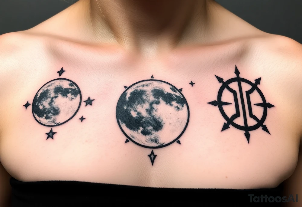 Moon and stars tattoo on girls chest with Jupiter and sagittarius sign tattoo idea