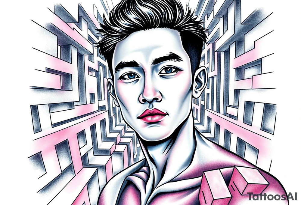 Handsome Asian young guy in labyrinth tattoo idea