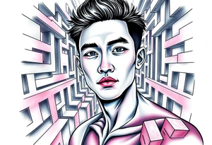 Handsome Asian young guy in labyrinth tattoo idea
