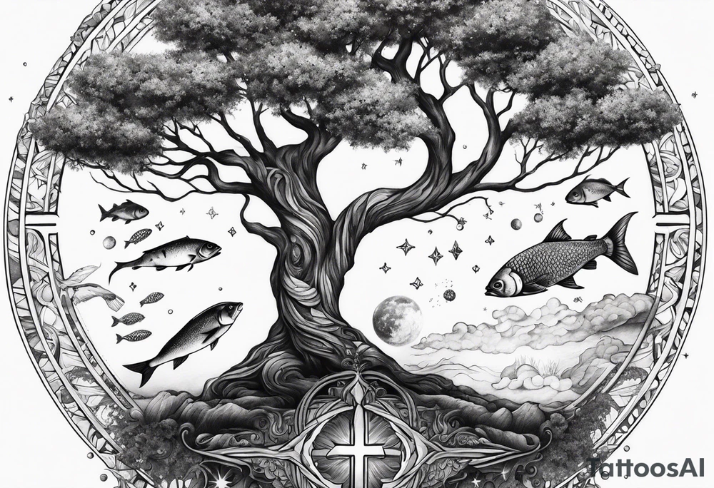 tree of life, pices fish, galaxy, cross tattoo idea