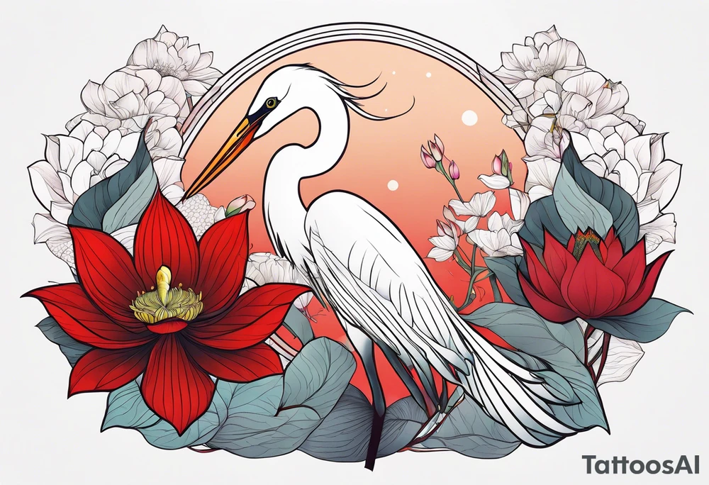 Egret and red lotuses tattoo idea