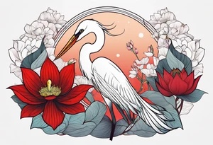 Egret and red lotuses tattoo idea