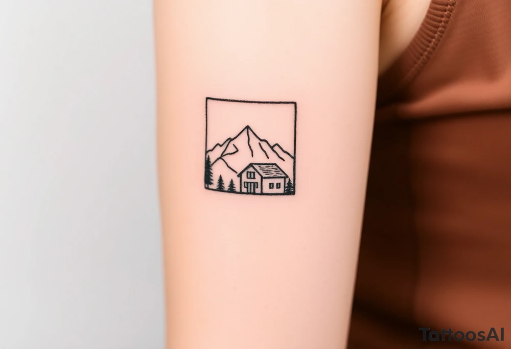 Mountains framed by a cabin window tattoo idea