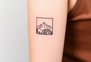 Mountains framed by a cabin window tattoo idea