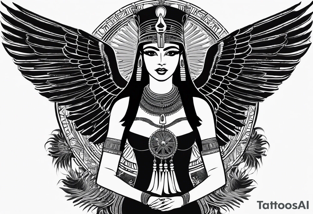 black and white Egyptian goddess Isis, who is often depicted as a woman with outstretched wings, holding an ankh (a symbol of life) in one hand and a lotus flower in the other. Her headdress often includes a throne or a solar disk. The tattoo design can vary in style and size, but it typically aims to capture the essence of this revered Egyptian deity, emphasizing her beauty, power, and maternal qualities. The choice of colors and additional elements can also be customized to create a unique and visually striking representation of the goddess Isis tattoo idea
