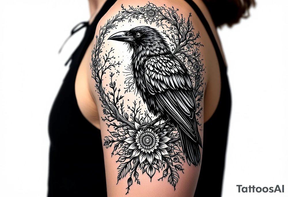 left arm tattoo of a raven on a branch surrounded by mandala tattoo idea