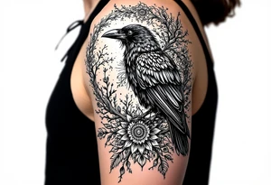 left arm tattoo of a raven on a branch surrounded by mandala tattoo idea
