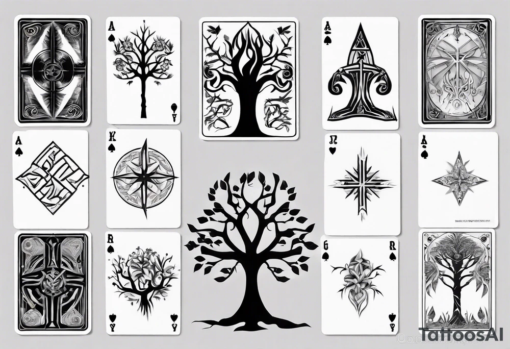 White Tree of Gondor, Geometric symbols, Viking cross, playing cards, flowers, lord of the rings, Native American headdress tattoo idea