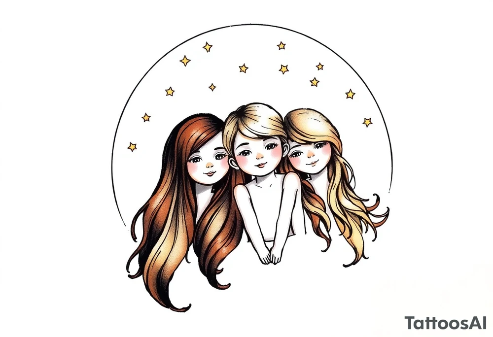 3 petites filles ( une brune et deux blondes)
sous un arc en ciel pas fini tattoo idea