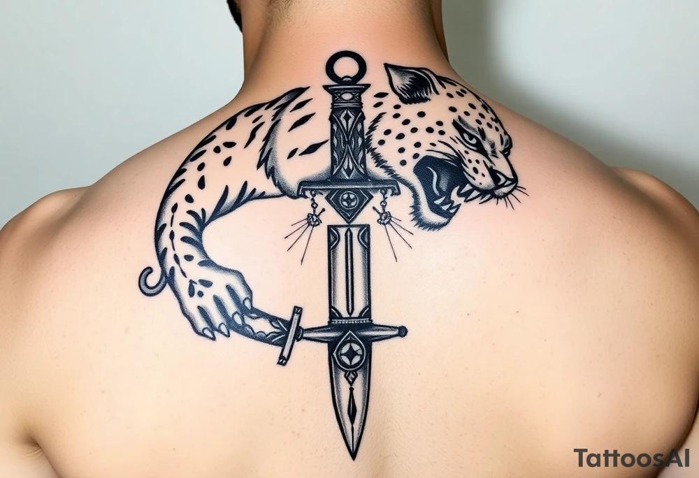 mystical panther around an ancient dagger with jeweled hilt tattoo idea