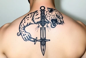 mystical panther around an ancient dagger with jeweled hilt tattoo idea